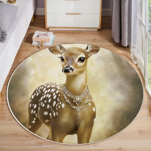 Wald Der Gefleckten Hirsche Rund Teppich, Fantasy Ölgemälde Tiere Waschbarer Wohnzimmer Sofa Teppich Kurzflor Couchtischmatte, Braun Rund 60cm Teppiche Für Schlafzimmer Esszimmer Küche Innen von ZISTRCBAO