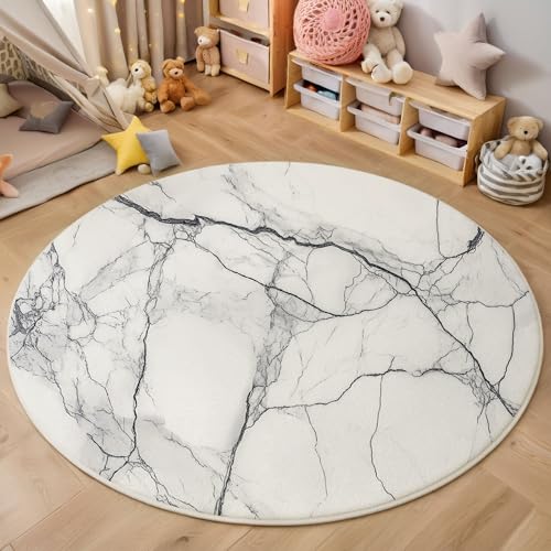 Weißer Marmor Runder Teppich, Moderne Abstrakte Runde Teppiche, Weich Waschbar rutschfest Wohnzimmer Schlafzimmer Nachttisch Restaurant Korridor Fußmatte Teppiche (80cm, Weiß) von ZISTRCBAO