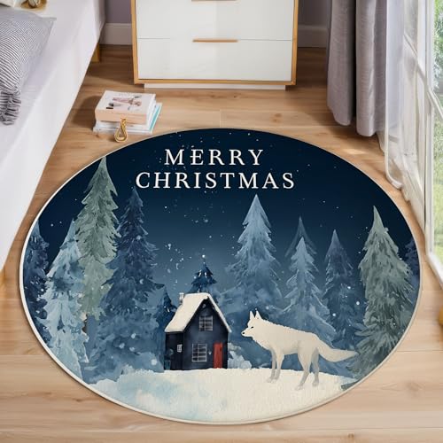 Weißer Wolf Kiefer Im Schnee Kurzflor Teppich Rund, Frohe Weihnachten Wohnzimmerteppich, Blau Runder Teppich 180cm Round Eingangsbereich Waschbar Weich for Wohnzimmer Schlafzimmer Studie Heimbüro von ZISTRCBAO