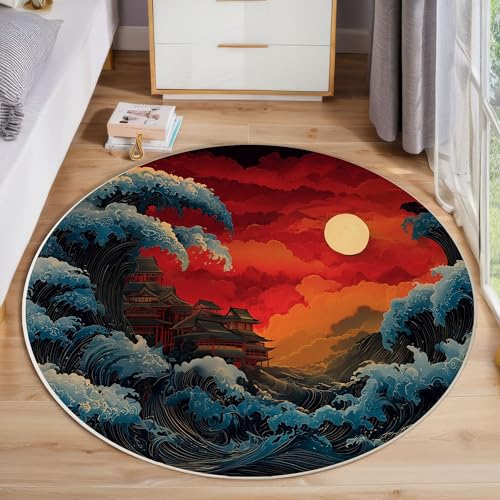 Welle Sonne Rutschfest Runder Teppich 180cm, Japanischer Stil Runder Teppich Wohnzimmer, Mehrfarbig Dekoration Teppiche Weich Waschbar Für Zuhause Bodenmatte Schlafzimmer Dekorativer Teppiche von ZISTRCBAO
