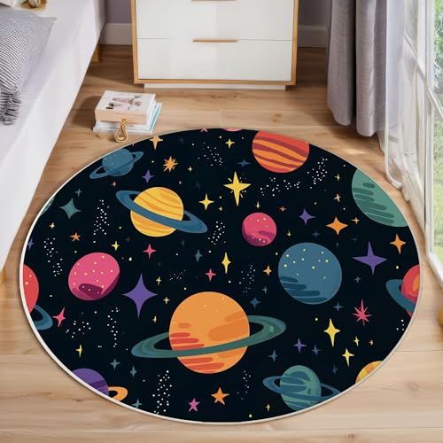 Weltraumplaneten Rutschfest Runder Teppich 160cm, Cartoon-Universum Runder Teppich Wohnzimmer, Mehrfarbig Dekoration Teppiche Weich Waschbar Für Zuhause Bodenmatte Schlafzimmer Dekorativer Teppiche von ZISTRCBAO