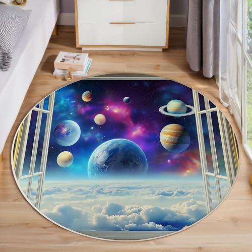 ZISTRCBAO 3D-Fensterraum Runder Teppich, Traumuniversum Runde Teppiche, Weich Waschbar rutschfest Wohnzimmer Schlafzimmer Nachttisch Restaurant Korridor Fußmatte Teppiche (180cm, Blau) von ZISTRCBAO