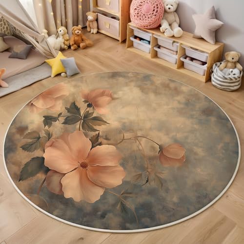 ZISTRCBAO Aquarell Blumen Kurzflor Teppich Rund, Jahrgang Wohnzimmerteppich, Braun Runder Teppich 60cm Round Eingangsbereich Waschbar Weich for Wohnzimmer Schlafzimmer Studie Heimbüro von ZISTRCBAO