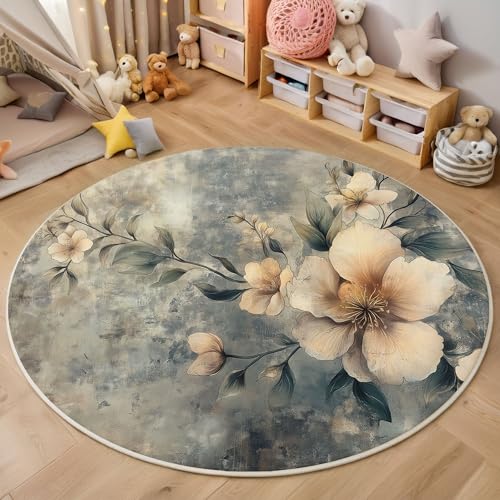 ZISTRCBAO Aquarell Blumen Kurzflor Teppich Rund, Jahrgang Wohnzimmerteppich, Grau Runder Teppich 160cm Round Eingangsbereich Waschbar Weich for Wohnzimmer Schlafzimmer Studie Heimbüro von ZISTRCBAO