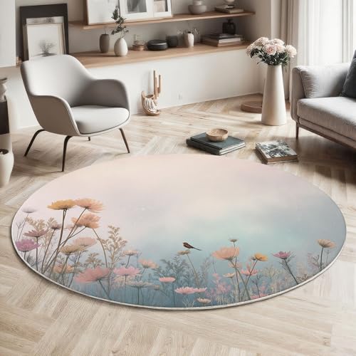 ZISTRCBAO Aquarell Blumen Runder Teppich, Schöne Fantasie Runde, Weich Waschbar rutschfest Wohnzimmer Schlafzimmer Nachttisch Restaurant Korridor Fußmatte (180cm, Hellblau) von ZISTRCBAO