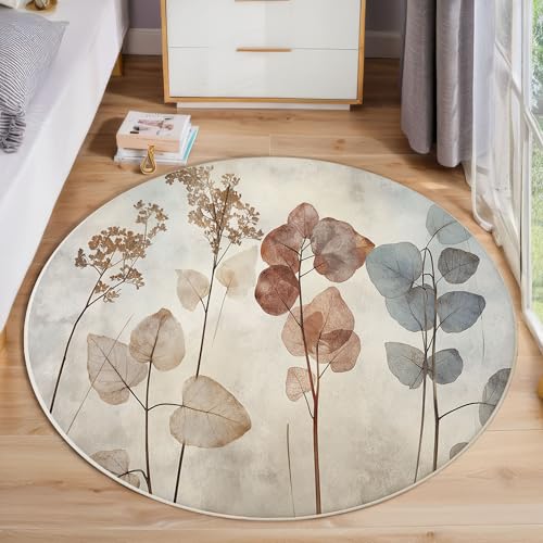 ZISTRCBAO Aquarell Blumen rutschfest Runder Teppich 120cm, Vintage-Eleganz Runder Teppich Wohnzimmer, Beige Dekoration Teppiche Weich Waschbar Für Zuhause Bodenmatte Schlafzimmer Dekorativer Teppiche von ZISTRCBAO
