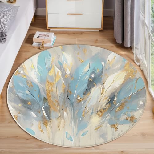 ZISTRCBAO Aquarell Federn Runder Teppich, Vintage Boho Runde, Weich Waschbar rutschfest Wohnzimmer Schlafzimmer Nachttisch Restaurant Korridor Fußmatte (100cm, Hellblau) von ZISTRCBAO