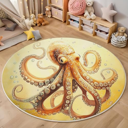 ZISTRCBAO Aquarell Oktopus Runder Teppich, Meerestiere Runde, Weich Waschbar rutschfest Wohnzimmer Schlafzimmer Nachttisch Restaurant Korridor Fußmatte (80cm, Gelb) von ZISTRCBAO