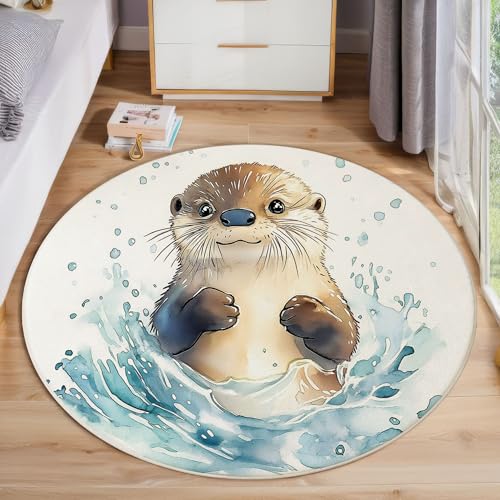ZISTRCBAO Aquarell Otter Teppich Rund 100cm, Niedliches Tier Kurzflor Teppich Rund, Anti-Rutsch Unterseite Weich Kreisteppich Für Wohnzimmer, Schlafzimmer, Büro, Braun von ZISTRCBAO