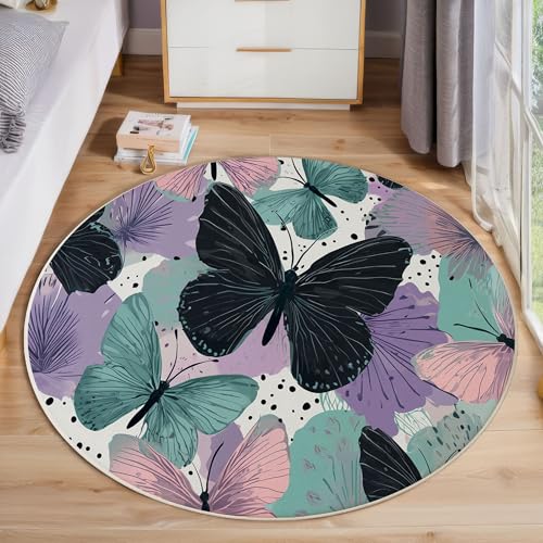 ZISTRCBAO Aquarell Schmetterling Rund Bereich Teppich 80cm, Minimalismus Weich Teppich Rund, Waschbar rutschfest Wohnzimmer Teppiche Für Schlafzimmer Terrasse Garten Küchen, Mehrfarbig von ZISTRCBAO