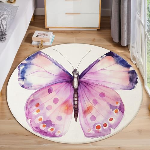 ZISTRCBAO Aquarell Schmetterling Teppich Rund 80cm, Süß Verträumt Kurzflor Teppich Rund, Anti-Rutsch Unterseite Weich Kreisteppich Für Wohnzimmer, Schlafzimmer, Büro, Rosa von ZISTRCBAO