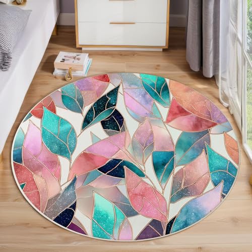 ZISTRCBAO Aquarellblätter rutschfest Runder Teppich 160cm, Modern Einfach Runder Teppich Wohnzimmer, Rosa Dekoration Teppiche Weich Waschbar Für Zuhause Bodenmatte Schlafzimmer Dekorativer Teppiche von ZISTRCBAO