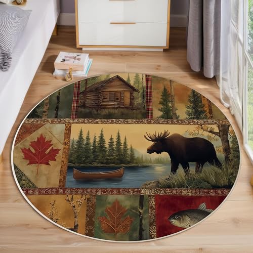 ZISTRCBAO Bären-Elch-Hütte Kurzflor Teppich Rund, Retro-Landhausstil Wohnzimmerteppich, Mehrfarbig Runder Teppich 80cm Round Eingangsbereich Waschbar Weich for Wohnzimmer Schlafzimmer Studie Heimbüro ZISTRCBAO Bären-Elch-Hütte Kurzflor Teppich Rund, Retro-Landhausstil Wohnzimmerteppich, Mehrfarbig Runder Teppich 80cm Round Eingangsbereich Waschbar Weich for Wohnzimmer Schlafzimmer Studie Heimbüro von ZISTRCBAO