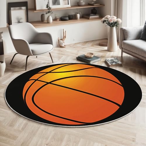 ZISTRCBAO Basketball Rund Teppich Kurzflor, Sportthema Ultradünner Waschbarer Runder Teppich Für Den Innen Und Außenbereich Schlafzimmer Wohnzimmer Terrasse Garten 160cm, Orange von ZISTRCBAO