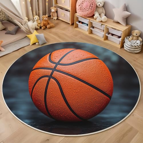 ZISTRCBAO Basketball Teppich Rund 120cm, Sportthema Runder Pflegeleichter Teppich, Orange Waschbarer Teppiche Schlafzimmer Teppiche Kurzflor Für Wohnzimmer Schlafzimmer Esszimmer von ZISTRCBAO