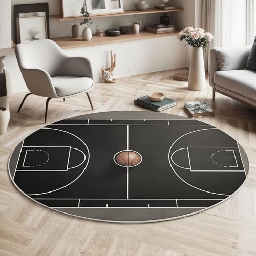 ZISTRCBAO Basketballplatz Kurzflor Teppich Rund, Sportthema Teppich Runder 100cm, Dunkelgrau Kreis Eingangsteppich Maschine Waschbarer Teppiche Für Wohnzimmer Schlafzimmer Esszimmer Küchenakzent von ZISTRCBAO