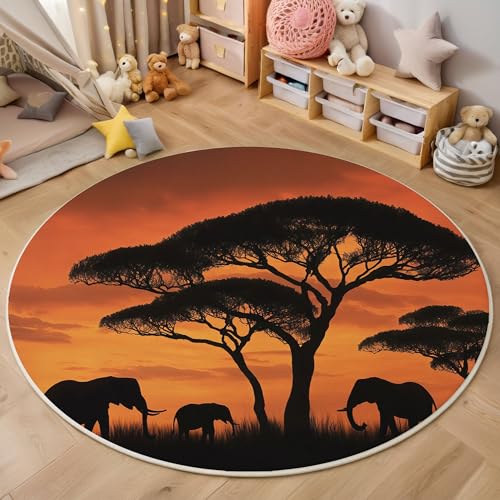 ZISTRCBAO Baumelefantensilhouette rutschfest Runder Teppich 120cm, Afrikanische Tiere Runder Teppich Wohnzimmer, Orange DekorationWeich Waschbar Für Zuhause Bodenmatte Schlafzimmer Dekorativer von ZISTRCBAO