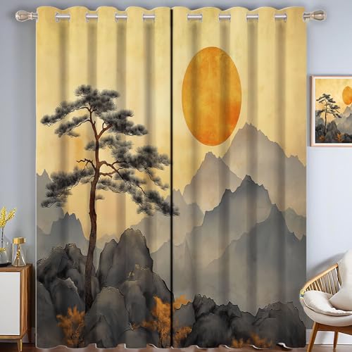 ZISTRCBAO Bergkiefer Verdunkelungsvorhänge, Aquarellkunst Verdunkelungsvorhänge Thermovorhang 2er Set H213xB137cm, Gelb Bedruckte Vorhänge Mit ösen von ZISTRCBAO