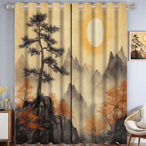 ZISTRCBAO Bergkiefer Verdunkelungsvorhänge, Japanischer Stil Verdunkelungsvorhänge Thermovorhang 2er Set H182xB91cm, Gold Bedruckte Vorhänge Mit ösen von ZISTRCBAO