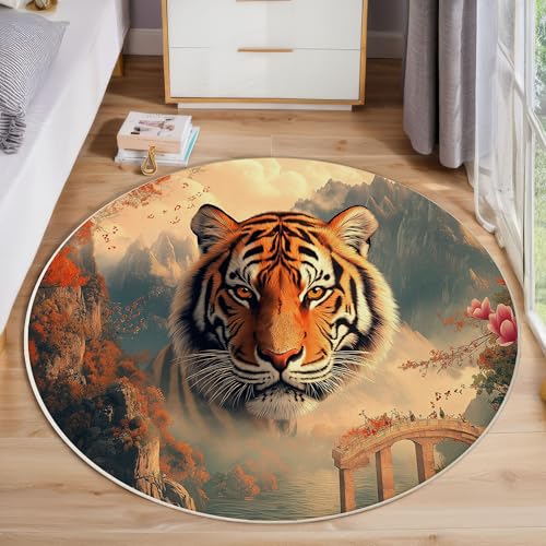 ZISTRCBAO Bergtiger Teppich Rund 180cm, Aquarell Tier Kurzflor Teppich Rund, Anti-Rutsch Unterseite Weich Kreisteppich Für Wohnzimmer, Schlafzimmer, Büro, Orange von ZISTRCBAO