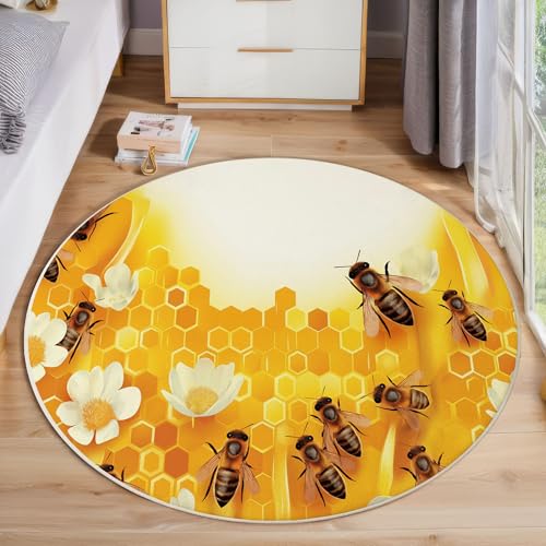 ZISTRCBAO Bienenstock Kurzflor Teppich Rund, Tier Blumen Wohnzimmerteppich, Gelb Runder Teppich 160cm Round Eingangsbereich Waschbar Weich for Wohnzimmer Schlafzimmer Studie Heimbüro von ZISTRCBAO