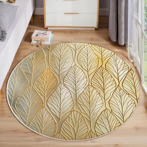ZISTRCBAO Blattstruktur Kurzflor Teppich Rund, Leichter Luxus Wohnzimmerteppich, Gold Runder Teppich 80cm Round Eingangsbereich Waschbar Weich for Wohnzimmer Schlafzimmer Studie Heimbüro von ZISTRCBAO