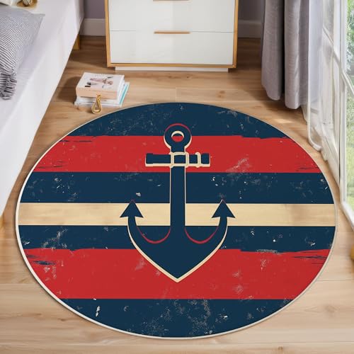 ZISTRCBAO Blau-Rot Gestreifter Anker rutschfest Runder Teppich 100cm, Nautisches Thema Runder Teppich Wohnzimmer, Blau DekorationWeich Waschbar Für Zuhause Bodenmatte Schlafzimmer Dekorativer ZISTRCBAO Blau-Rot Gestreifter Anker rutschfest Runder Teppich 100cm, Nautisches Thema Runder Teppich Wohnzimmer, Blau DekorationWeich Waschbar Für Zuhause Bodenmatte Schlafzimmer Dekorativer von ZISTRCBAO