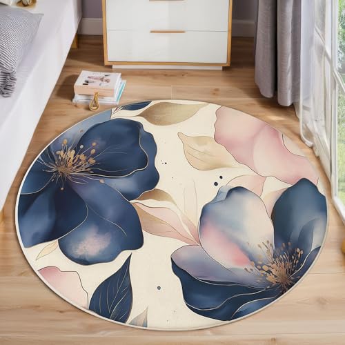 ZISTRCBAO Blaue Blumen Runder Teppich, Aquarell Runde, Weich Waschbar rutschfest Wohnzimmer Schlafzimmer Nachttisch Restaurant Korridor Fußmatte (60cm, Mehrfarbig) von ZISTRCBAO