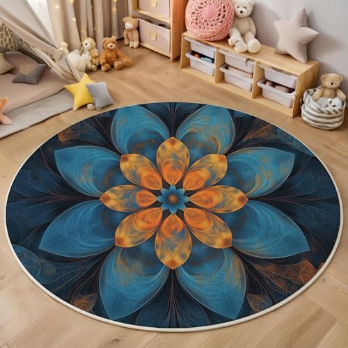 ZISTRCBAO Blaue Blumen Teppich Rund 160cm, Vintage-Eleganz Runder Pflegeleichter Teppich, Dunkelblau Waschbarer Teppiche Schlafzimmer Teppiche Kurzflor Für Wohnzimmer Schlafzimmer Esszimmer von ZISTRCBAO