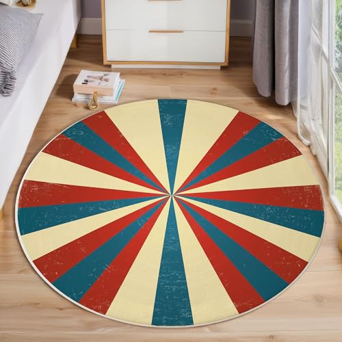 ZISTRCBAO Blaue Rote Sonnenstreifen Runder Teppich, Retro Boho Runde Teppiche, Weich Waschbar rutschfest Wohnzimmer Schlafzimmer Nachttisch Restaurant Korridor Fußmatte Teppiche (100cm, Mehrfarbig) von ZISTRCBAO