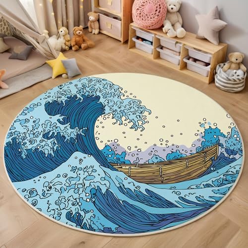 ZISTRCBAO Blaue Wellen Kurzflor Teppich Rund, Japanischer Stil Wohnzimmerteppich, Blau Runder Teppich 180cm Round Eingangsbereich Waschbar Weich for Wohnzimmer Schlafzimmer Studie Heimbüro von ZISTRCBAO