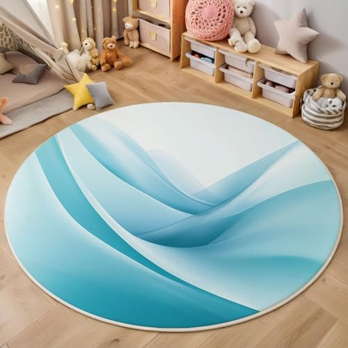 ZISTRCBAO Blaue Wellenstreifen Kurzflor Teppich Rund, Moderne Schlichtheit Teppich Runder 160cm, Blau Kreis Eingangsteppich Maschine Waschbarer Teppiche Für Wohnzimmer Schlafzimmer Küchenakzent von ZISTRCBAO