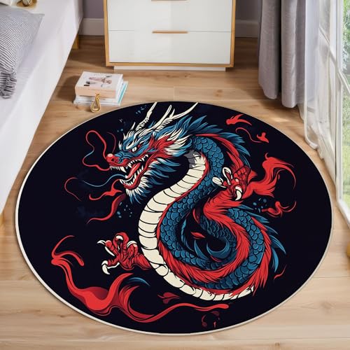 ZISTRCBAO Blauer Drache Rund Bereich Teppich 180cm, Chinesischer Stil Weich Teppich Rund, Waschbar rutschfest Wohnzimmer Teppiche Für Schlafzimmer Terrasse Garten Küchen, Rot von ZISTRCBAO