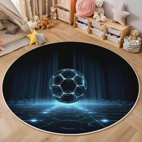 ZISTRCBAO Blauer Fußball Kurzflor Teppich Rund, Futuristischer Stil Wohnzimmerteppich, Blau Runder Teppich 60cm Round Eingangsbereich Waschbar Weich for Wohnzimmer Schlafzimmer Studie Heimbüro von ZISTRCBAO