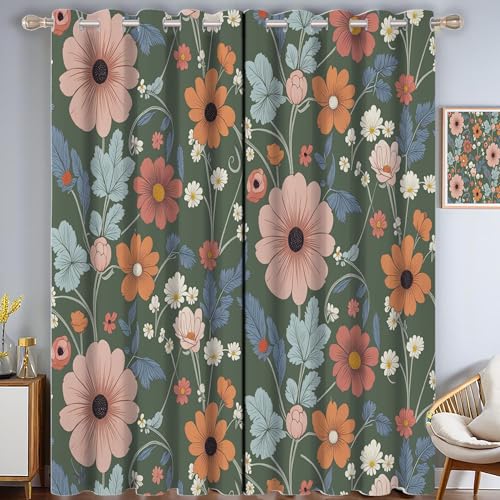 ZISTRCBAO Blütenblätter Verdunkelungsvorhänge, Retro-Pflanzen Thermisch Isoliert Fensterbehandlung Vorhänge Für Wohnzimmer Dekoration, Hellgrün 2 Paneele H99xB68.5cm von ZISTRCBAO