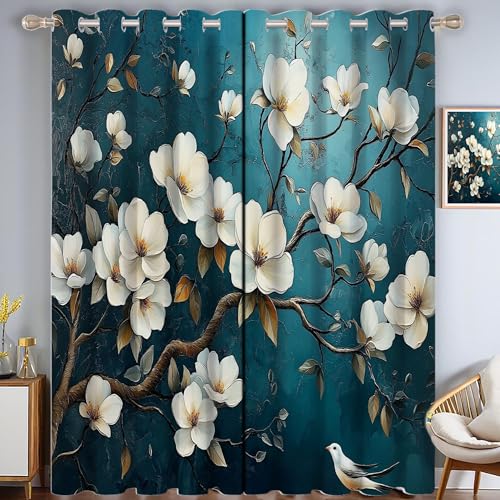 ZISTRCBAO Blumen Pflanzen Verdunkelungsvorhänge, Aquarellstil Thermisch Isoliert Fensterbehandlung Vorhänge Für Wohnzimmer Dekoration, Dunkelblau 2 Paneele H160xB80cm von ZISTRCBAO