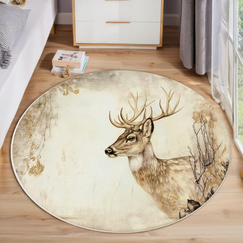 ZISTRCBAO Blumenhirsch Rund Teppich, Vintage Tier Waschbarer Wohnzimmer Sofa Teppich Kurzflor Couchtischmatte, Braun Rund 60cm Teppiche Für Schlafzimmer Esszimmer Küche Innen von ZISTRCBAO
