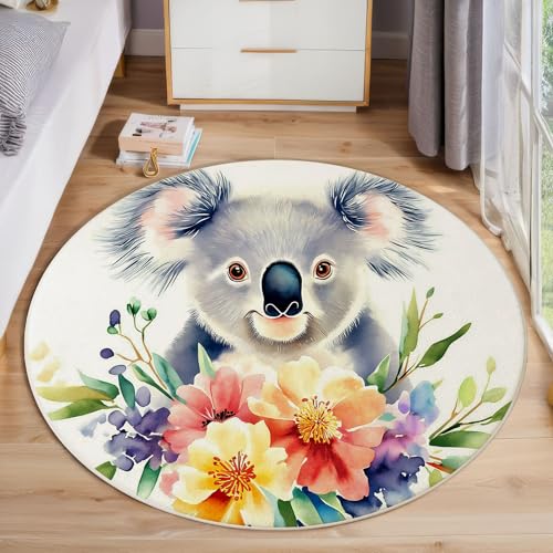 ZISTRCBAO Blumenkoala Kurzflor Teppich Rund, Aquarell Tier Wohnzimmerteppich, Weiß Runder Teppich 100cm Round Eingangsbereich Waschbar Weich for Wohnzimmer Schlafzimmer Studie Heimbüro von ZISTRCBAO