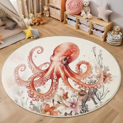 ZISTRCBAO Blumenkrake Runder Teppich, Aquarell Meerestiere Runde, Weich Waschbar rutschfest Wohnzimmer Schlafzimmer Nachttisch Restaurant Korridor Fußmatte (180cm, Rot) von ZISTRCBAO