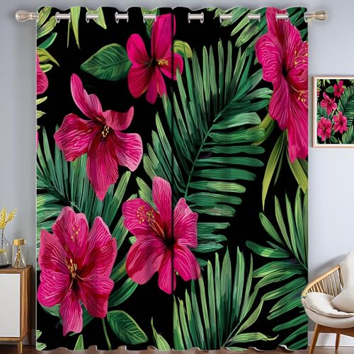 ZISTRCBAO Blumenpalmenblätter Verdunkelungsvorhänge, Aquarellstil Thermisch Isoliert Fensterbehandlung Vorhänge Für Wohnzimmer Dekoration, Rosa 2 Paneele H213xB137cm von ZISTRCBAO
