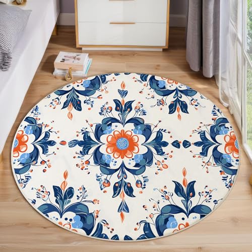 ZISTRCBAO Blumenranken rutschfest Runder Teppich 100cm, Retro Simple Runder Teppich Wohnzimmer, Blau Dekoration Teppiche Weich Waschbar Für Zuhause Bodenmatte Schlafzimmer Dekorativer Teppiche von ZISTRCBAO
