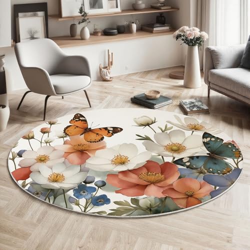 ZISTRCBAO Blumenschmetterling Kurzflor Teppich Rund, Vintage-Eleganz Wohnzimmerteppich, Mehrfarbig Runder Teppich 60cm Round Eingangsbereich Waschbar Weich for Wohnzimmer Schlafzimmer Studie Heimbüro von ZISTRCBAO
