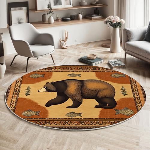 ZISTRCBAO Braunbär Tier Runder Teppich, Pastoraler Retro-Stil Runde, Weich Waschbar rutschfest Wohnzimmer Schlafzimmer Nachttisch Restaurant Korridor Fußmatte (60cm, Braun) von ZISTRCBAO
