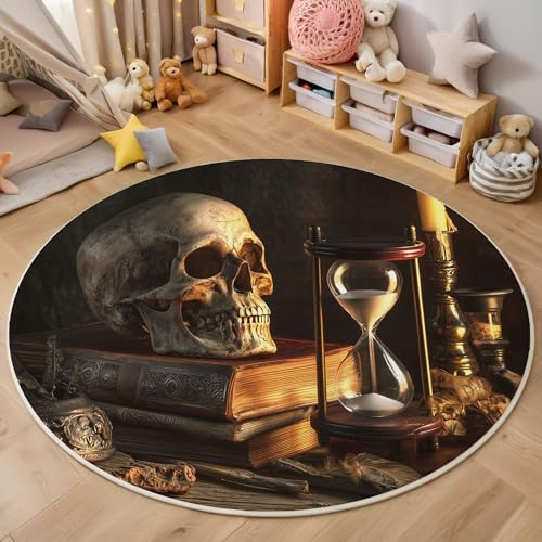 ZISTRCBAO Buchschädel Kurzflor Teppich Rund, Mittelalterliche Gotik Wohnzimmerteppich, Braun Runder Teppich 120cm Round Eingangsbereich Waschbar Weich for Wohnzimmer Schlafzimmer Studie Heimbüro von ZISTRCBAO