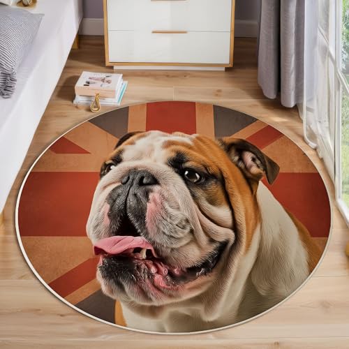 ZISTRCBAO Bulldogge Mit Britischer Flagge Rund Teppich, Süße Tiere Waschbarer Wohnzimmer Sofa Teppich Kurzflor Couchtischmatte, Braun Rund 60cm Teppiche Für Schlafzimmer Esszimmer Küche Innen von ZISTRCBAO