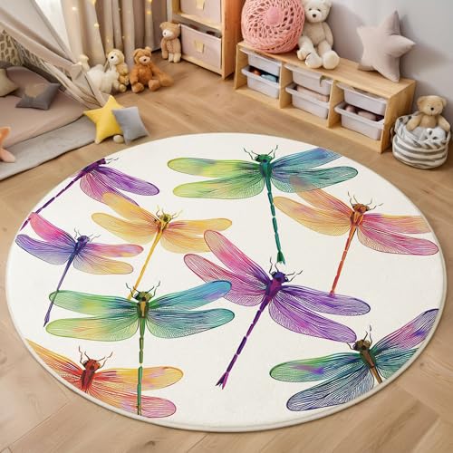 ZISTRCBAO Bunte Libelle rutschfest Runder Teppich 180cm, Aquarell Tier Runder Teppich Wohnzimmer, Weiß Dekoration Teppiche Weich Waschbar Für Zuhause Bodenmatte Schlafzimmer Dekorativer Teppiche von ZISTRCBAO