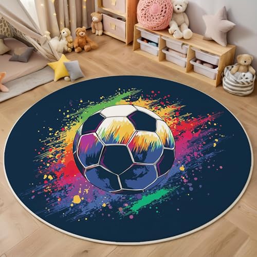 ZISTRCBAO Bunte Spritzer Fußball Kurzflor Teppich Rund, Sportthema Wohnzimmerteppich, Mehrfarbig Runder Teppich 60cm Round Eingangsbereich Waschbar Weich for Wohnzimmer Schlafzimmer Studie Heimbüro von ZISTRCBAO
