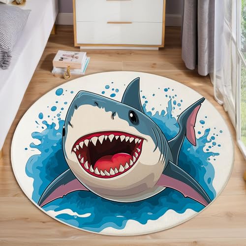 ZISTRCBAO Cartoon-Hai Runder Teppich, Niedliches Tier Runde, Weich Waschbar rutschfest Wohnzimmer Schlafzimmer Nachttisch Restaurant Korridor Fußmatte (60cm, Blau) von ZISTRCBAO
