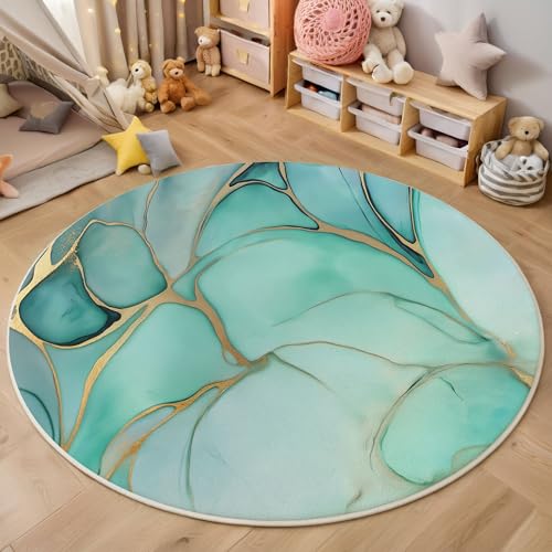 ZISTRCBAO Cyan-Gold-Marmor Kurzflor Teppich Rund, Moderner Luxus Wohnzimmerteppich, Cyan Runder Teppich 80cm Round Eingangsbereich Waschbar Weich for Wohnzimmer Schlafzimmer Studie Heimbüro von ZISTRCBAO