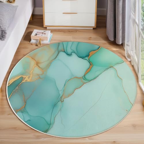 ZISTRCBAO Cyan-Gold-Marmor rutschfest Runder Teppich 180cm, Moderner Luxus Runder Teppich Wohnzimmer, Cyan Dekoration Teppiche Weich Waschbar Für Zuhause Bodenmatte Schlafzimmer Dekorativer Teppiche von ZISTRCBAO